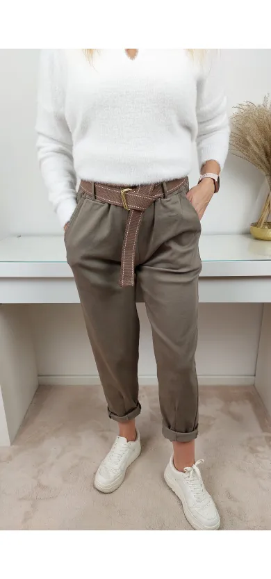 Spodnie Livan's fango z brązowym paskiem