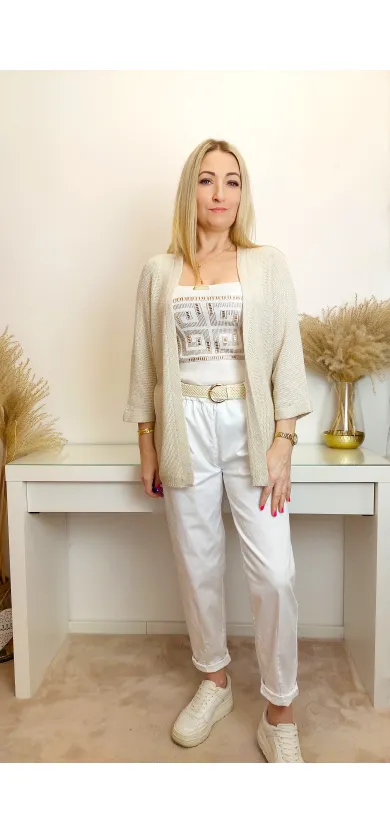 Ażurowy Beżowy Kardigan Damski – Lekka Narzutka z Rękawem 3/4