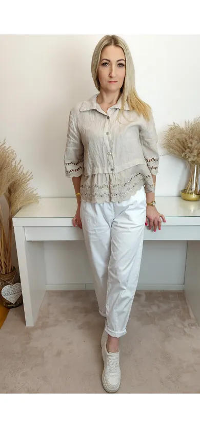 Elegancka Lniana Bluzka Damska z Haftem beżowa